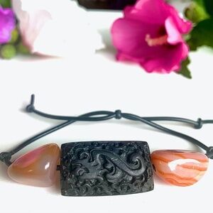 Dragon Bracelet Red Banded Carnelian Agate Tumbled Stones With Black Dragon SZ 7